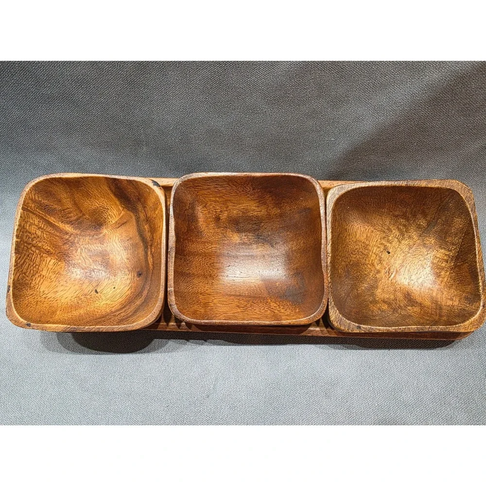 Vintage Acacia Wood Serving Set 3 Square Bowls and Rectangular Tray Philippines